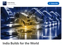 India Rising newsletter on LinkedIn, 3,264 subscribers, showing the issue India Builds for the World with a robotic assembly line cover.