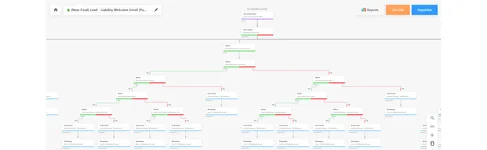 Published LeadSquared automation named Lead, Liability Welcome Email, showing a branching if-else tree that routes new leads into sequenced email and WhatsApp messages.