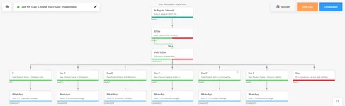 Published LeadSquared automation named End of Day Online Purchase, triggered daily at 8pm, branching by product line including Directors and Officers, Workmen's Compensation and Professional Indemnity into individual WhatsApp messages.
