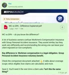 Post to the insurance agent WhatsApp community attaching a comparison PDF on Workmen's Compensation versus Group Personal Accident cover, noting one is a legal obligation and the other voluntary.