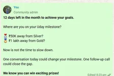 Community post reminding agents that 12 days remain in the month, framing progress against the Uday milestone as 50,000 rupees from Silver and 1 lakh from Gold.
