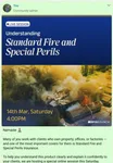 Community invitation to a live session on Standard Fire and Special Perils insurance, scheduled for Saturday 14th March at 4pm.