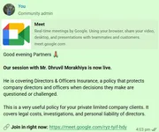 Community post opening a live Google Meet session on Directors and Officers Insurance, hosted by the BimaKavach liability manager.