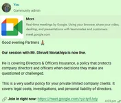 Second view of the community post opening the live Google Meet session on Directors and Officers Insurance.