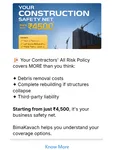 WhatsApp campaign for Contractors All Risk cover starting at 4,500 rupees, listing debris removal, rebuilding and third-party liability, with a Know More button.
