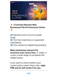 WhatsApp campaign on the top three reasons businesses file fire insurance claims, listing short circuits, machinery overheating and neighbouring property fires, inviting a reply of FIRE for a policy review.