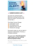 WhatsApp campaign headed Summer Business Alert, on overloaded circuits and overheating wiring, pointing to the electrical systems clause in fire insurance, with a Check My Coverage button.