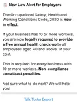 WhatsApp campaign alerting employers to the Occupational Safety, Health and Working Conditions Code 2020, which requires a free annual health check for employees aged 40 and above, with a Talk To An Expert button.