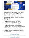 WhatsApp campaign introducing Niramaya app benefits for group health policyholders, listing free tele-consultations, dental and eye check-ups and discounted medicines, with App Store and Play Store links.