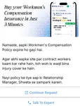 WhatsApp renewal message in Hinglish telling a client their Workmen's Compensation policy has expired and contract workers are uncovered, naming their relationship manager, with Continue Request and Talk To Expert buttons.